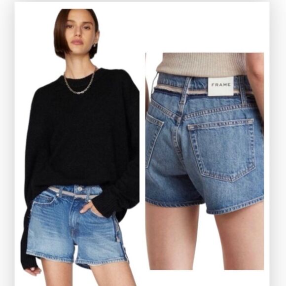 FRAME Atelier Sheer Inset Denim Shorts In Azul Size 34 Womens New - Picture 1 of 5